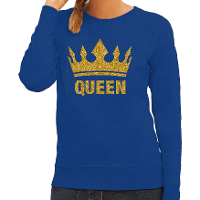 Koningsdag Sweater voor dames   Queen   glitter goud   blauw   feestkleding