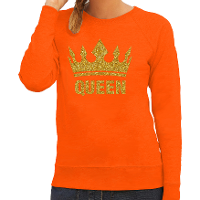 Koningsdag Sweater voor dames   Queen   glitter goud   oranje   feestkleding