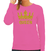 Koningsdag Sweater voor dames   Queen   glitter goud   roze   feestkleding
