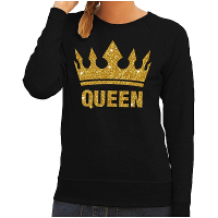 Koningsdag Sweater voor dames   Queen   glitter goud   zwart   feestkleding