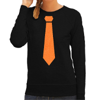 Koningsdag sweater voor dames   stropdas   zwart   met glitters   oranje feestkleding
