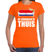 Koningsdag t shirt de Koningin is thuis oranje voor dames