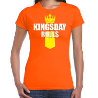 Koningsdag t shirt Kingsday Rules met kroontje oranje voor dames