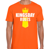 Koningsdag t shirt Kingsday Rules met kroontje oranje voor heren