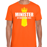 Koningsdag t shirt Minister of rock N roll met kroontje oranje voor heren