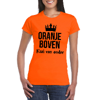 Koningsdag T shirt   Oranje boven kaal van onder   dames