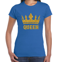 Koningsdag T shirt voor dames   Queen   glitter goud   blauw   feestkleding