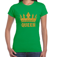 Koningsdag T shirt voor dames   Queen   glitter goud   groen   feestkleding