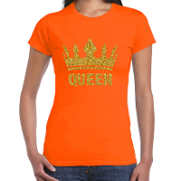 Koningsdag T shirt voor dames   Queen   glitter goud   oranje   feestkleding