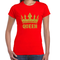 Koningsdag T shirt voor dames   Queen   glitter goud   rood   feestkleding