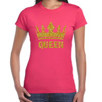 Koningsdag T shirt voor dames   Queen   glitter goud   roze   feestkleding