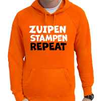 Koningsdag verkleed hoodie heren   zuipen stampen repeat   oranje