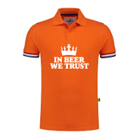 Koningsdag verkleed poloshirt heren   in beer we trust   oranje