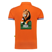 Koningsdag verkleed poloshirt heren   leeuw   bier   oranje   achterkant bedrukt