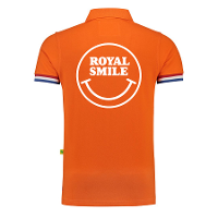 Koningsdag verkleed poloshirt heren   smiley   Royal smile   oranje   achterkant bedrukt