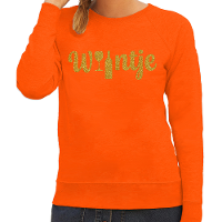 Koningsdag verkleed sweater dames   Wijntje   met glas en fles   glitter goud   oranje