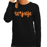 Koningsdag verkleed sweater dames   Wijntje   met glas en fles   glitter oranje   zwart