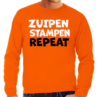 Koningsdag verkleed sweater heren   zuipen stampen repeat   oranje