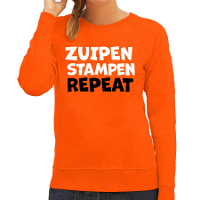 Koningsdag verkleed sweater   zuipen stampen repeat   oranje   dames