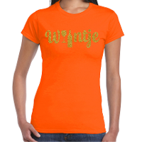 Koningsdag verkleed t shirt dames   wijntje   met fles en glas   glitter goud   oranje