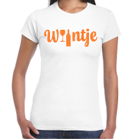 Koningsdag verkleed t shirt dames   wijntje   met fles en glas   glitter oranje   wit