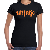 Koningsdag verkleed t shirt dames   wijntje   met fles en glas   glitter oranje   zwart