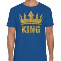 Koningsdag verkleed T shirt heren   blauw   King   glitter goud   kroon