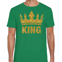 Koningsdag verkleed T shirt heren   groen   King   glitter goud   kroon