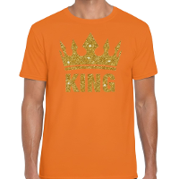 Koningsdag verkleed T shirt heren   oranje   King   glitter goud   kroon