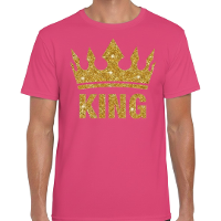 Koningsdag verkleed T shirt heren   roze   King   glitter goud   kroon