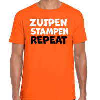 Koningsdag verkleed t shirt heren   zuipen stampen repeat   oranje