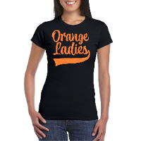 Koningsdag verkleed T shirt voor dames   orange ladies   zwart   met glitters   feestkleding