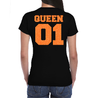 Koningsdag verkleed T shirt voor dames   Queen   zwart   met glitters   feestkleding