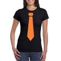 Koningsdag verkleed T shirt voor dames   stropdas   zwart   met glitters   feestkleding