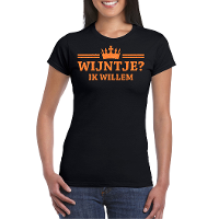 Koningsdag verkleed T shirt voor dames   Wijntje   zwart   met glitters   feestkleding