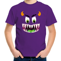 Monster gezicht halloween verkleed t shirt paars voor kinderen