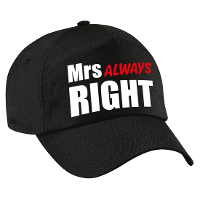 Mrs Always right petje   baseballcap   zwart   met witte en roze letters   dames