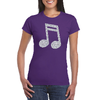 Muziek thema feestkleding t shirt   met zilveren muzieknoot   paars   voor dames
