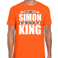 Naam cadeau t shirt my name is Simon   but you can call me King oranje voor heren
