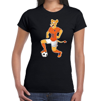 Nederland supporter t shirt Leeuwin met voetbal zwart dames