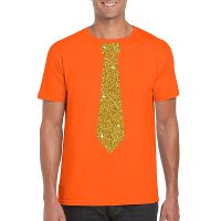 Oranje fun t shirt met stropdas in glitter goud heren