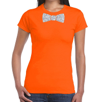 Oranje fun t shirt met vlinderdas in glitter zilver dames