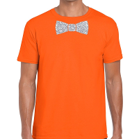 Oranje fun t shirt met vlinderdas in glitter zilver heren