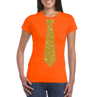 Oranje fun verkleed t shirt   met stropdas   in glitter goud   dames   korte mouwen