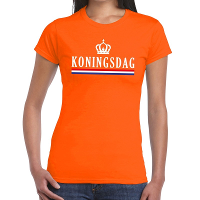 Oranje Koningsdag met vlag en kroontje t shirt voor dames