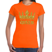Oranje Koningsdag Queen t shirt   met gouden glitter kroon   dames   Oranje kleding