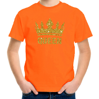 Oranje Queen gouden glitter kroon t shirt kinderen