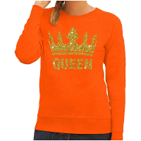 Oranje Queen print sweater   trui met gouden glitter kroon   voor dames   Koningsdag kleding