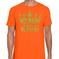 Oranje t shirt   King   gouden glitter letters   kroon   heren   Koningsdag   EK/WK