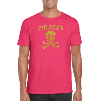 Piraten party verkleed t shirt   roze   met gouden glitter print   heren   piraten verkleedkleding